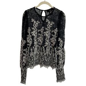 RAIN Womens Lace Whimsigoth Top Size Small Black Embroidered Flowers Sheer Fairy